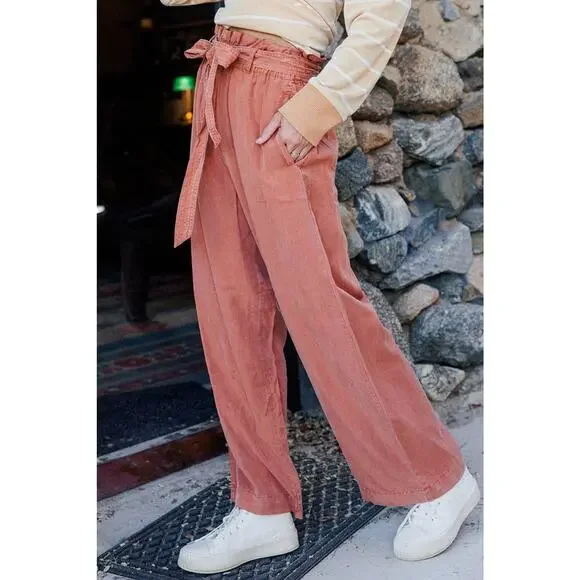 Ces Femme Wide Leg Paper Bag High Rise Rust Color Lyocell Pants Women Sz M - Picture 2 of 9